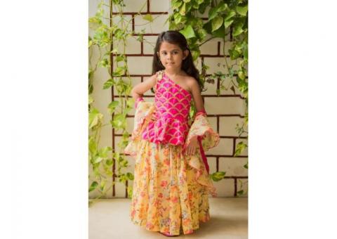 Printed organza stitched lehenga for kids at lowest cost