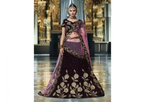 Embroidered velvet lehenga with dupatta at Mirraw