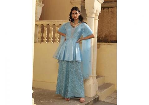 Buy Emroidered Silk Blue Suit